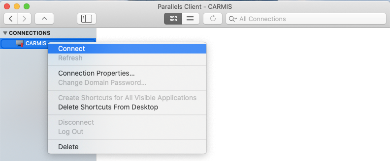 Create Connection on Parallel Clients - CARMIS Window