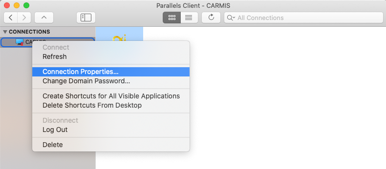 Parallels Client -CARMIS connection properties