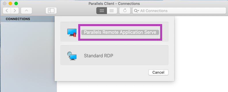 Parallels Client -Connections Window